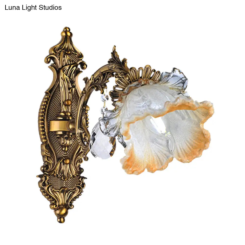 Vintage Gold Crystal Wall Sconce Light Fixture With Floral Design - 1 Bulb
