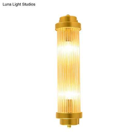 Vintage Gold Cylinder Wall Sconce With Clear Glass And Dual Led Lights For Bedroom
