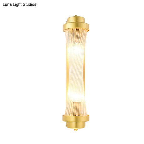 Vintage Gold Cylinder Wall Sconce With Clear Glass And Dual Led Lights For Bedroom