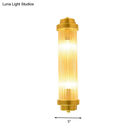 Vintage Gold Cylinder Wall Sconce With Clear Glass And Dual Led Lights For Bedroom