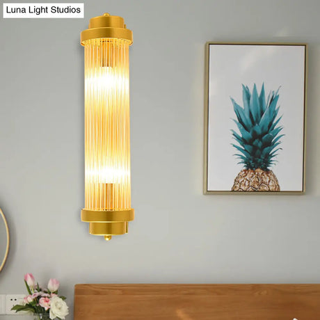 Vintage Gold Cylinder Wall Sconce With Clear Glass And Dual Led Lights For Bedroom
