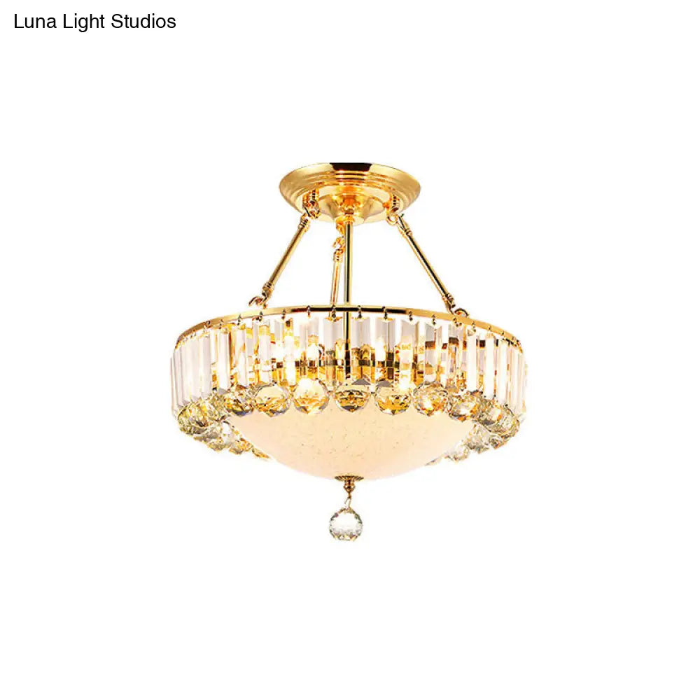 Vintage Gold Drum Semi Mount Lighting With Crystal Accents And Milk Glass Diffuser