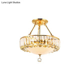 Vintage Gold Drum Semi Mount Lighting With Crystal Accents And Milk Glass Diffuser