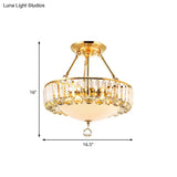 Vintage Gold Drum Semi Mount Lighting With Crystal Accents And Milk Glass Diffuser