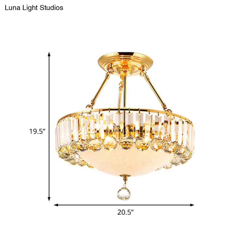 Vintage Gold Drum Semi Mount Lighting With Crystal Accents And Milk Glass Diffuser