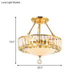 Vintage Gold Drum Semi Mount Lighting With Crystal Accents And Milk Glass Diffuser