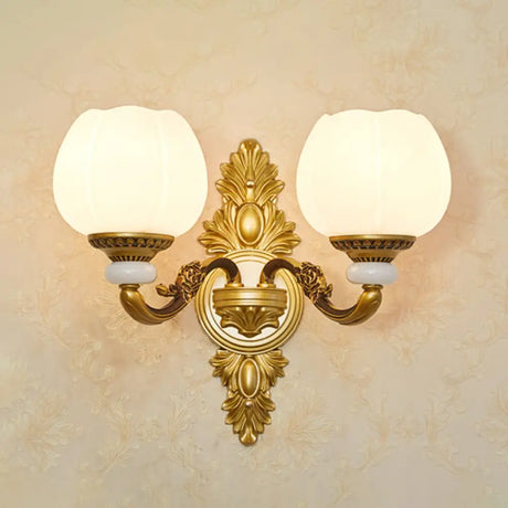 Vintage Gold Floral Cream Glass Wall Light Fixture - Unique Living Room Lamp 2 / E