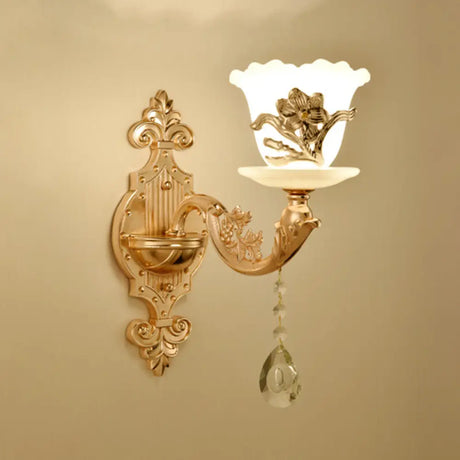 Vintage Gold Floral Wall Light Fixture With Crystal Accents - Elegant Living Room Mounted Lamp 1 / C