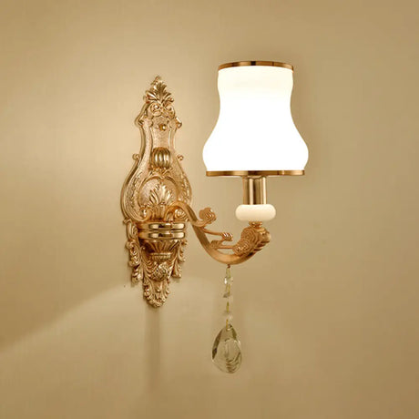 Vintage Gold Floral Wall Light Fixture With Crystal Accents - Elegant Living Room Mounted Lamp 1 / H