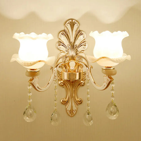 Vintage Gold Floral Wall Light Fixture With Crystal Accents - Elegant Living Room Mounted Lamp 2 / A