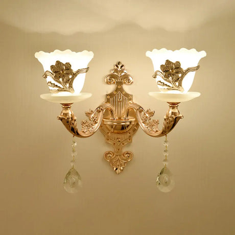Vintage Gold Floral Wall Light Fixture With Crystal Accents - Elegant Living Room Mounted Lamp 2 / C