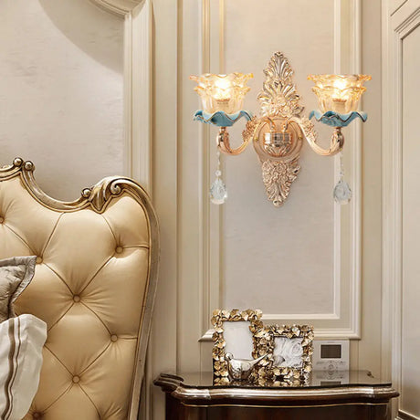 Vintage Gold Floral Wall Light Fixture With Crystal Accents - Elegant Living Room Mounted Lamp 2 / K