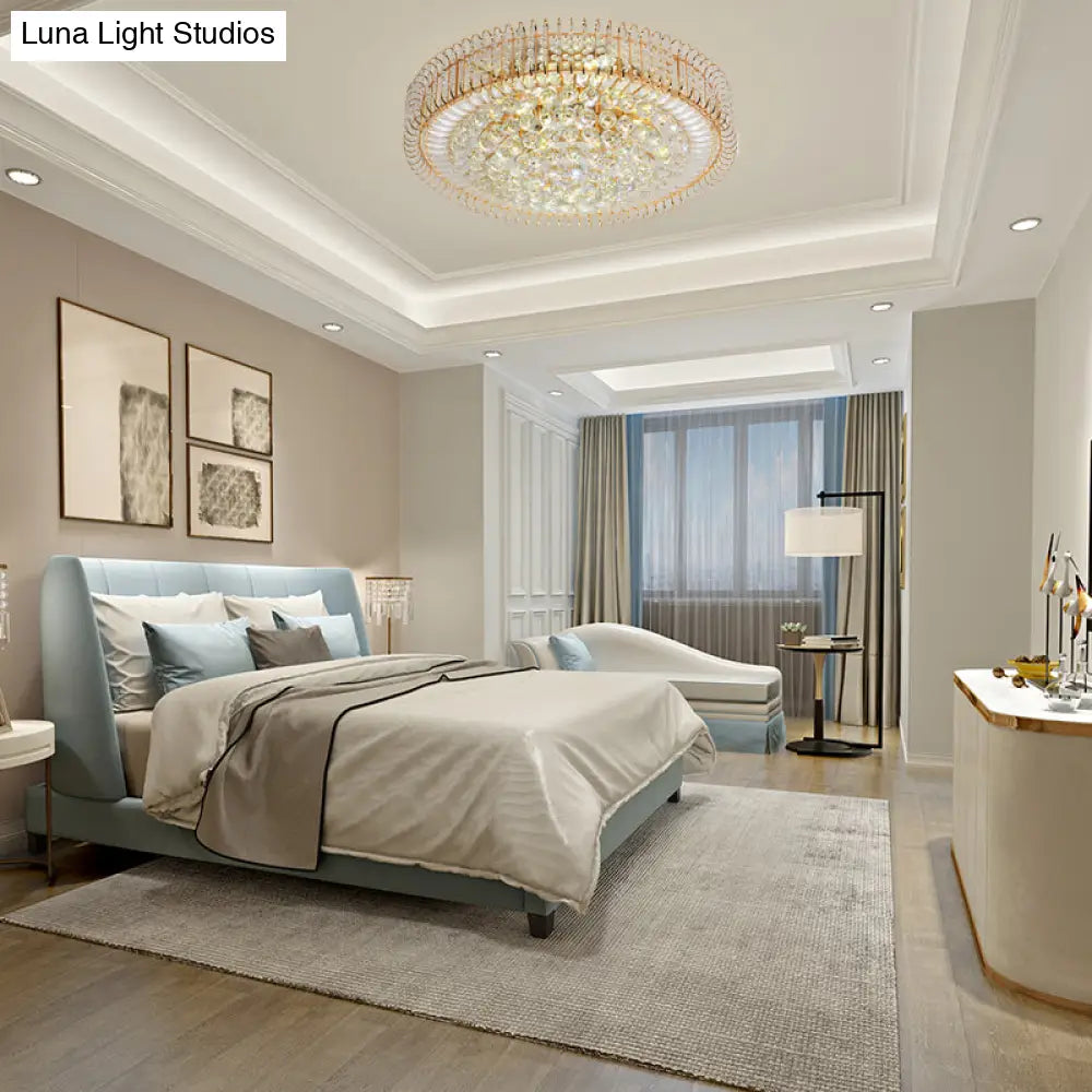 Vintage Gold Flush Ceiling Light With Clear Crystal Ball And Metallic Finish - 12’/18’ Diameter