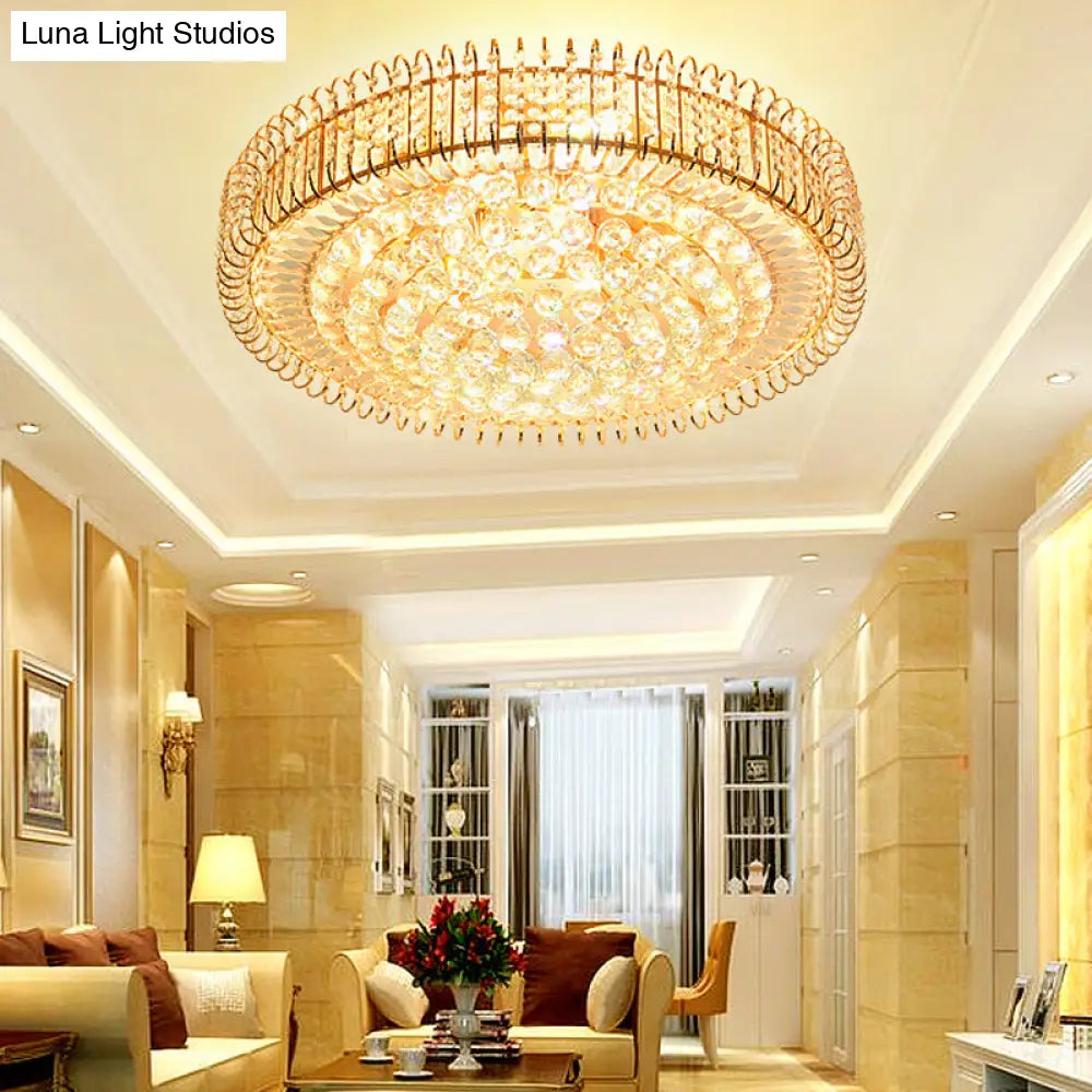 Vintage Gold Flush Ceiling Light With Clear Crystal Ball And Metallic Finish - 12’/18’ Diameter
