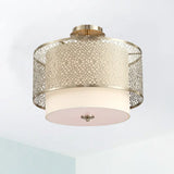 Vintage Gold Flush Mount Ceiling Light With Metal Carved Shade - 3 Bulbs Cylinder Lamp
