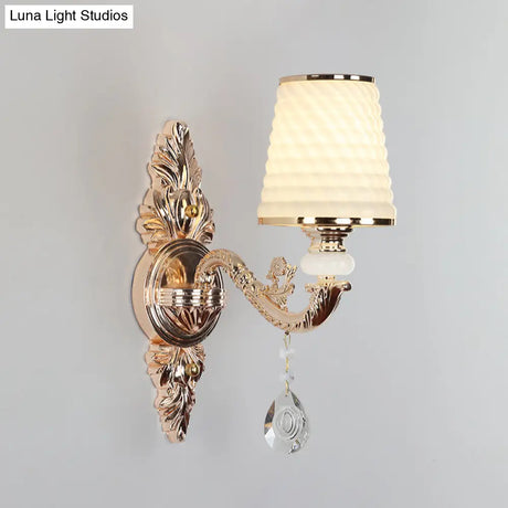 Vintage Gold Glass Wall Light With Crystal Draping - Tapered Textured Design For Corridor And Mount