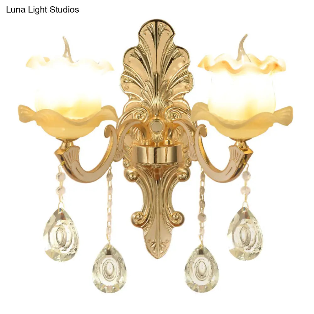 Vintage Gold Glass Wall Sconce With Ruffled Design - Bathroom Lighting Fixture