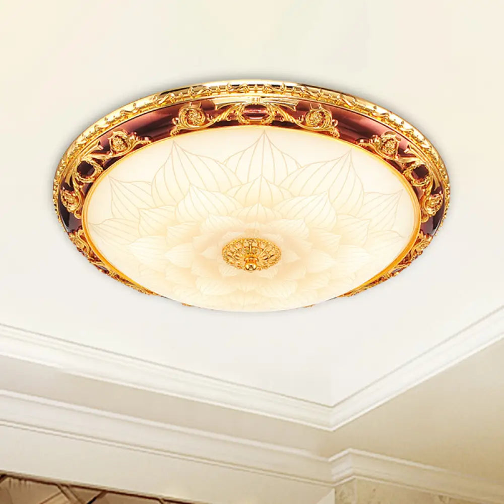 Vintage Gold Led Flush Ceiling Light With Blossom Frosted Glass Bowl - 12.5/15/19 Width