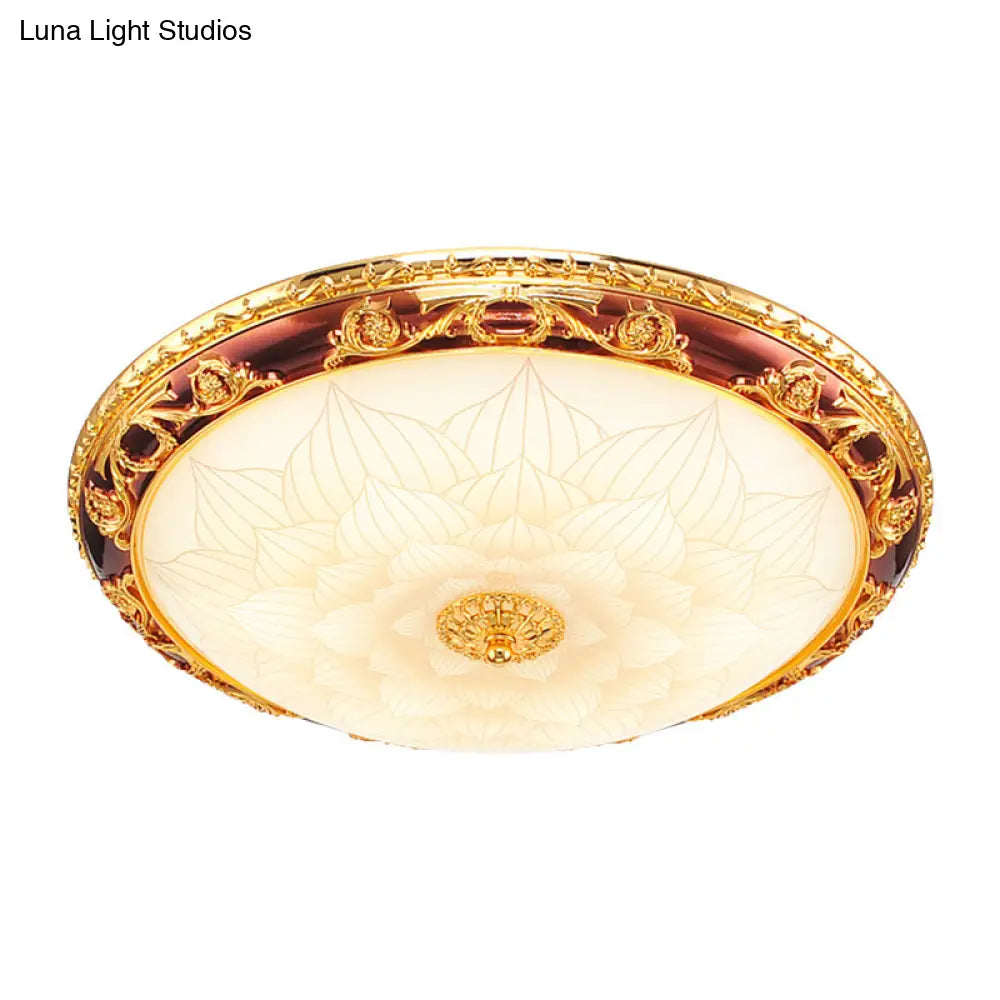 Vintage Gold Led Flush Ceiling Light With Blossom Frosted Glass Bowl - 12.5’/15’/19’ Width
