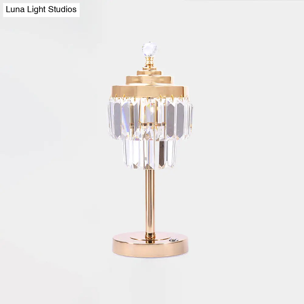 Vintage Gold Led Table Lamp With Beveled Crystal Prism - 2 Tiers Bedroom Nightstand Light