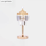 Vintage Gold Led Table Lamp With Beveled Crystal Prism - 2 Tiers Bedroom Nightstand Light