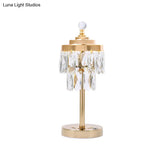 Vintage Gold Led Table Lamp With Beveled Crystal Prism - 2 Tiers Bedroom Nightstand Light