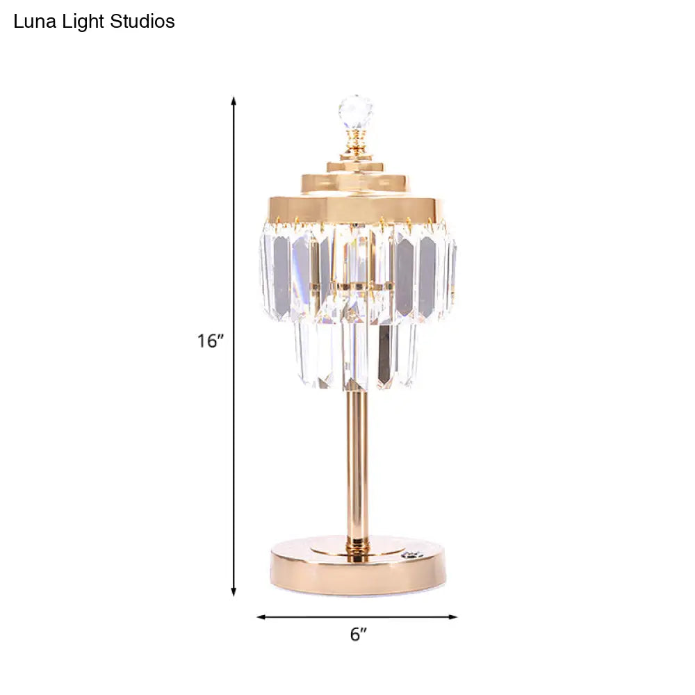 Vintage Gold Led Table Lamp With Beveled Crystal Prism - 2 Tiers Bedroom Nightstand Light