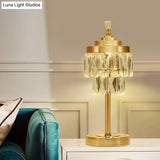 Vintage Gold Led Table Lamp With Beveled Crystal Prism - 2 Tiers Bedroom Nightstand Light