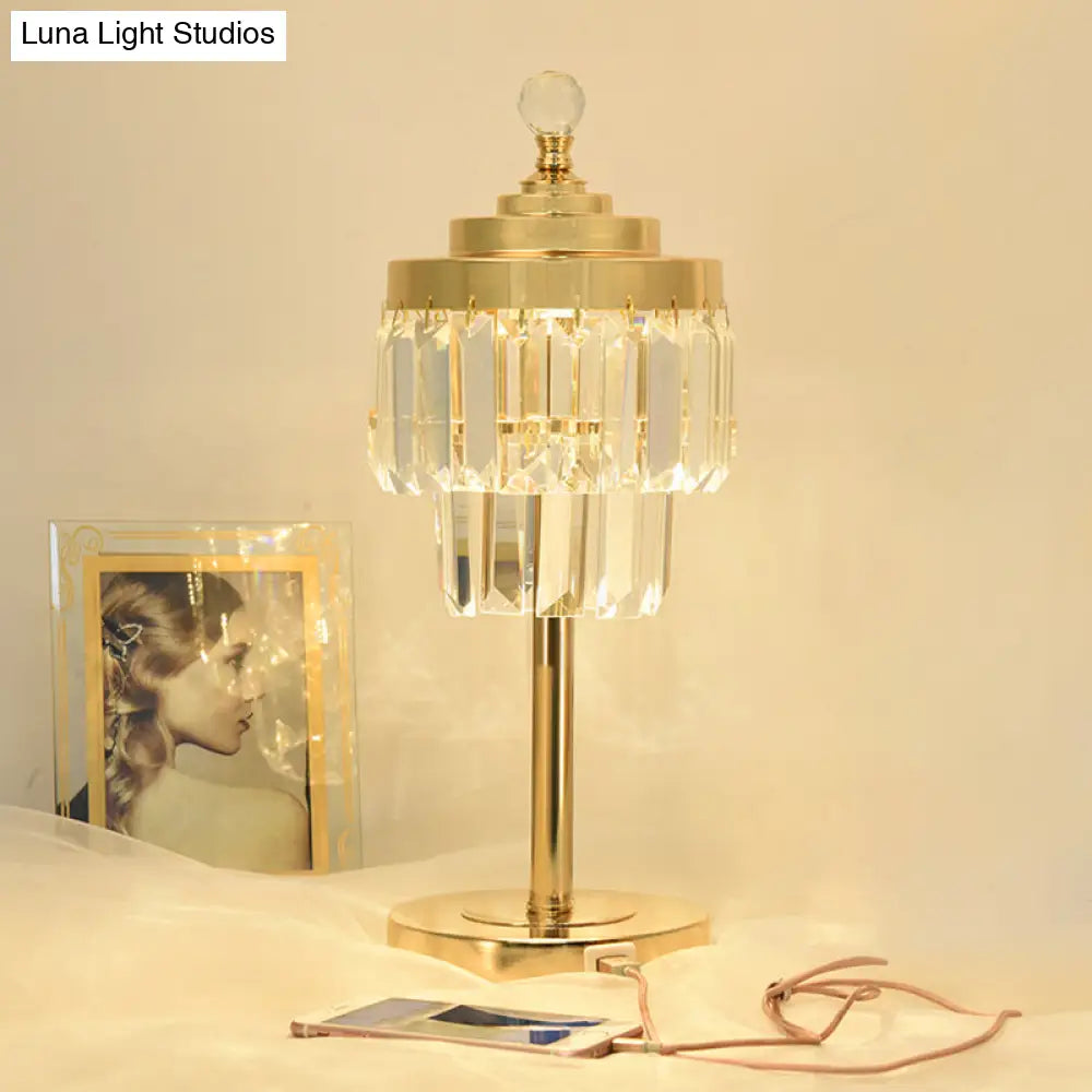 Vintage Gold Led Table Lamp With Beveled Crystal Prism - 2 Tiers Bedroom Nightstand Light