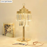 Vintage Gold Led Table Lamp With Beveled Crystal Prism - 2 Tiers Bedroom Nightstand Light