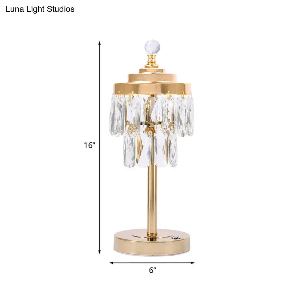 Vintage Gold Led Table Lamp With Beveled Crystal Prism - 2 Tiers Bedroom Nightstand Light