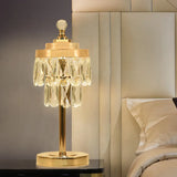 Vintage Gold Led Table Lamp With Beveled Crystal Prism - 2 Tiers Bedroom Nightstand Light / B