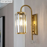 Vintage Gold Metal Gooseneck Wall Light With Clear Crystal Shade - Cylindrical 1/2-Bulb Sconce