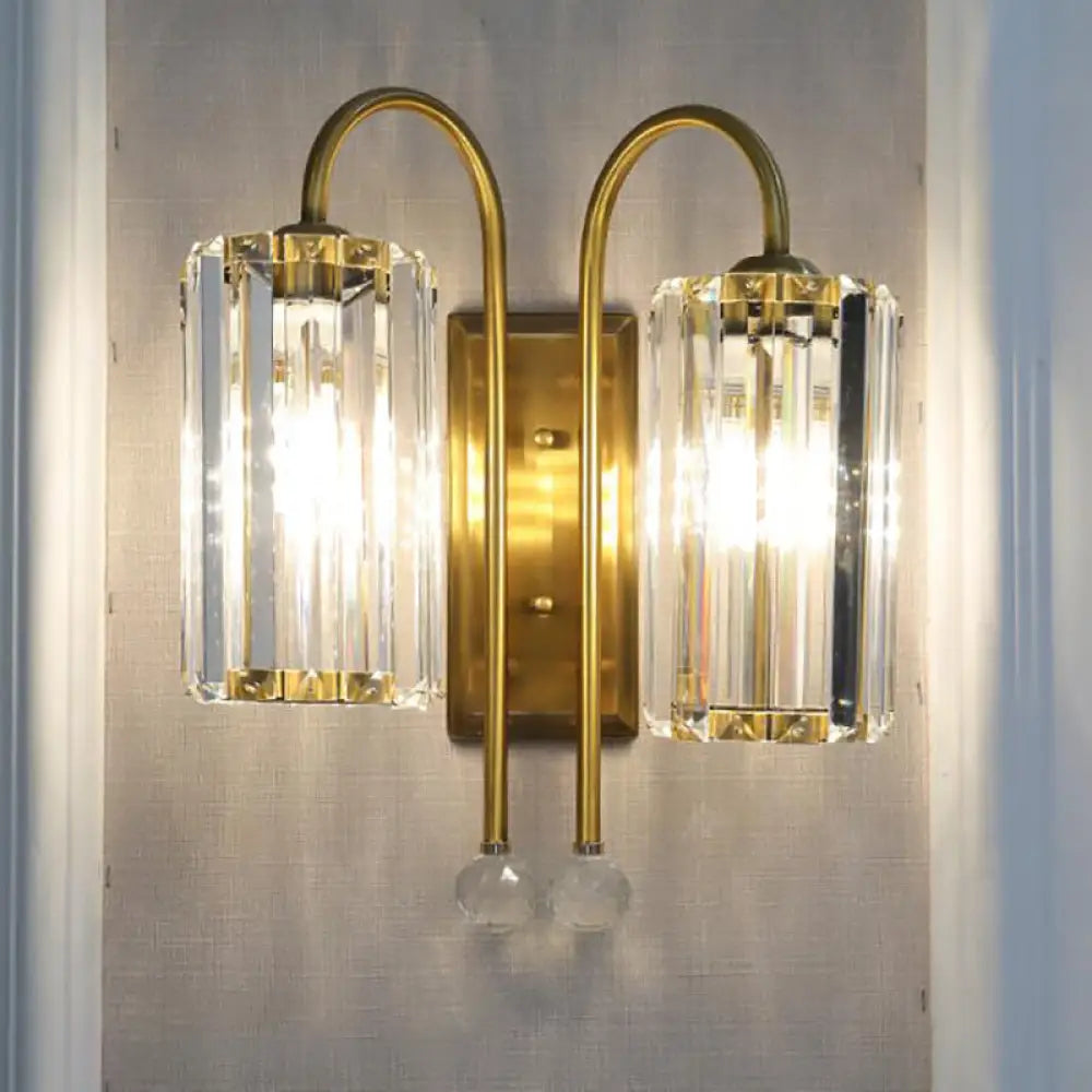 Vintage Gold Metal Gooseneck Wall Light With Clear Crystal Shade - Cylindrical 1/2-Bulb Sconce 2 /