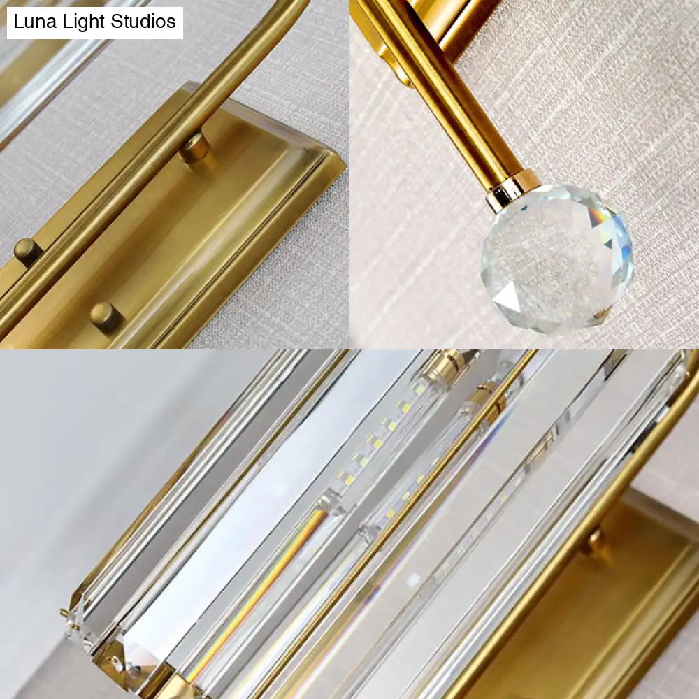 Vintage Gold Metal Gooseneck Wall Light With Clear Crystal Shade - Cylindrical 1/2-Bulb Sconce