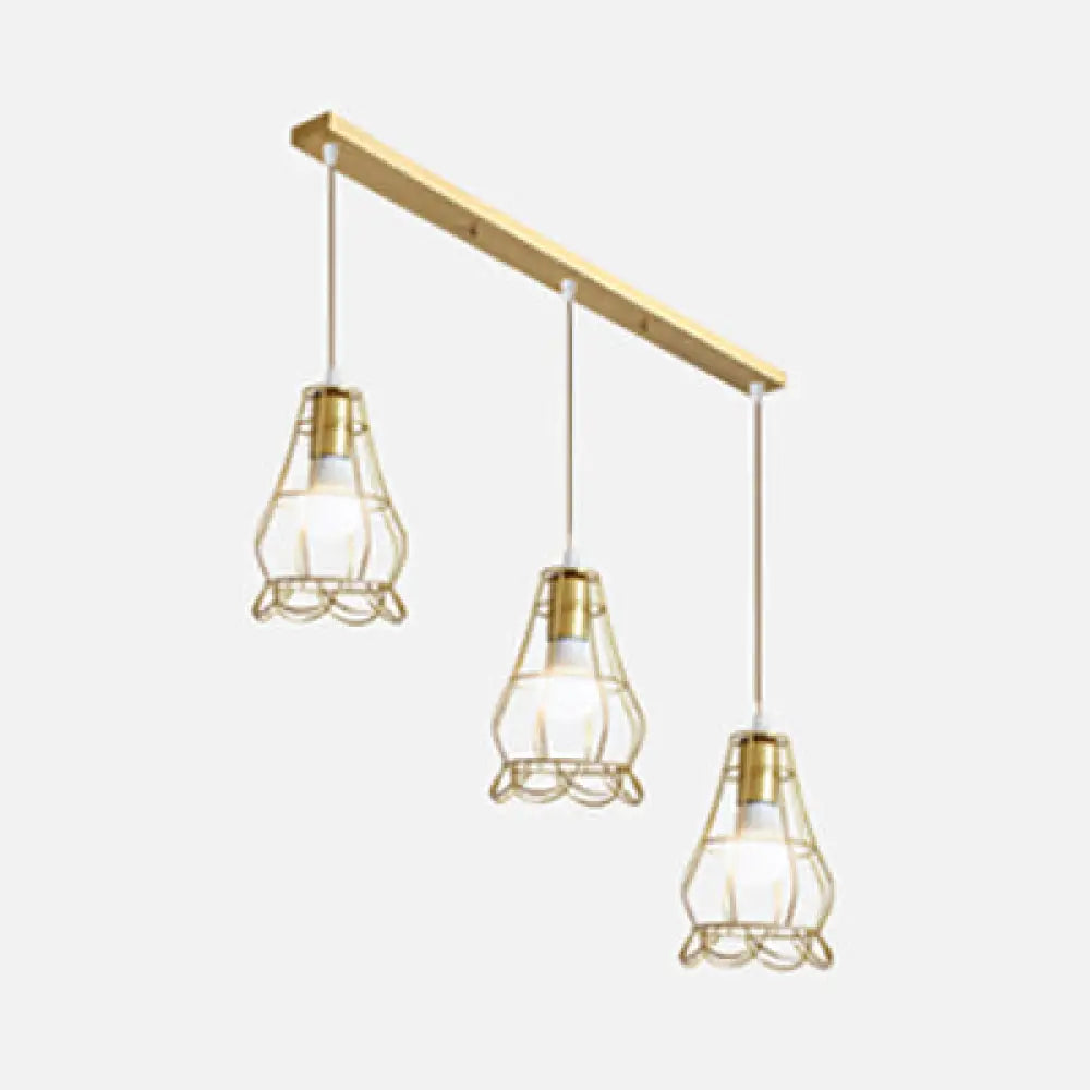 Vintage Gold Metal Pendant Light With Petal Design - 3-Head Caged Hanging For Kitchen A