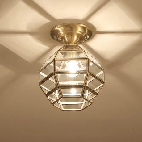 Vintage Gold Six-Sided Flush Mount Ceiling Light With Clear Glass Pane