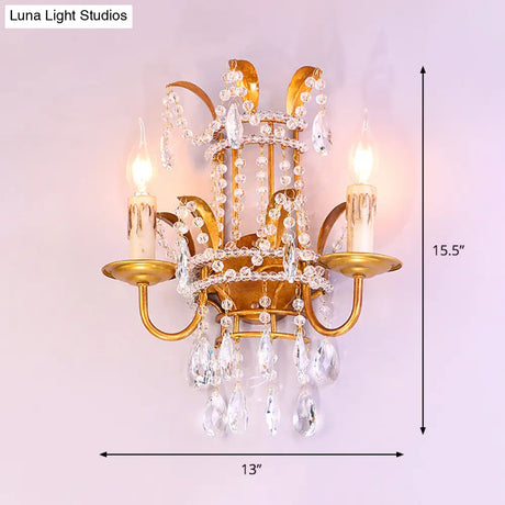 Vintage Gold Wall Lamp With Crystal Accents And 2 Heads