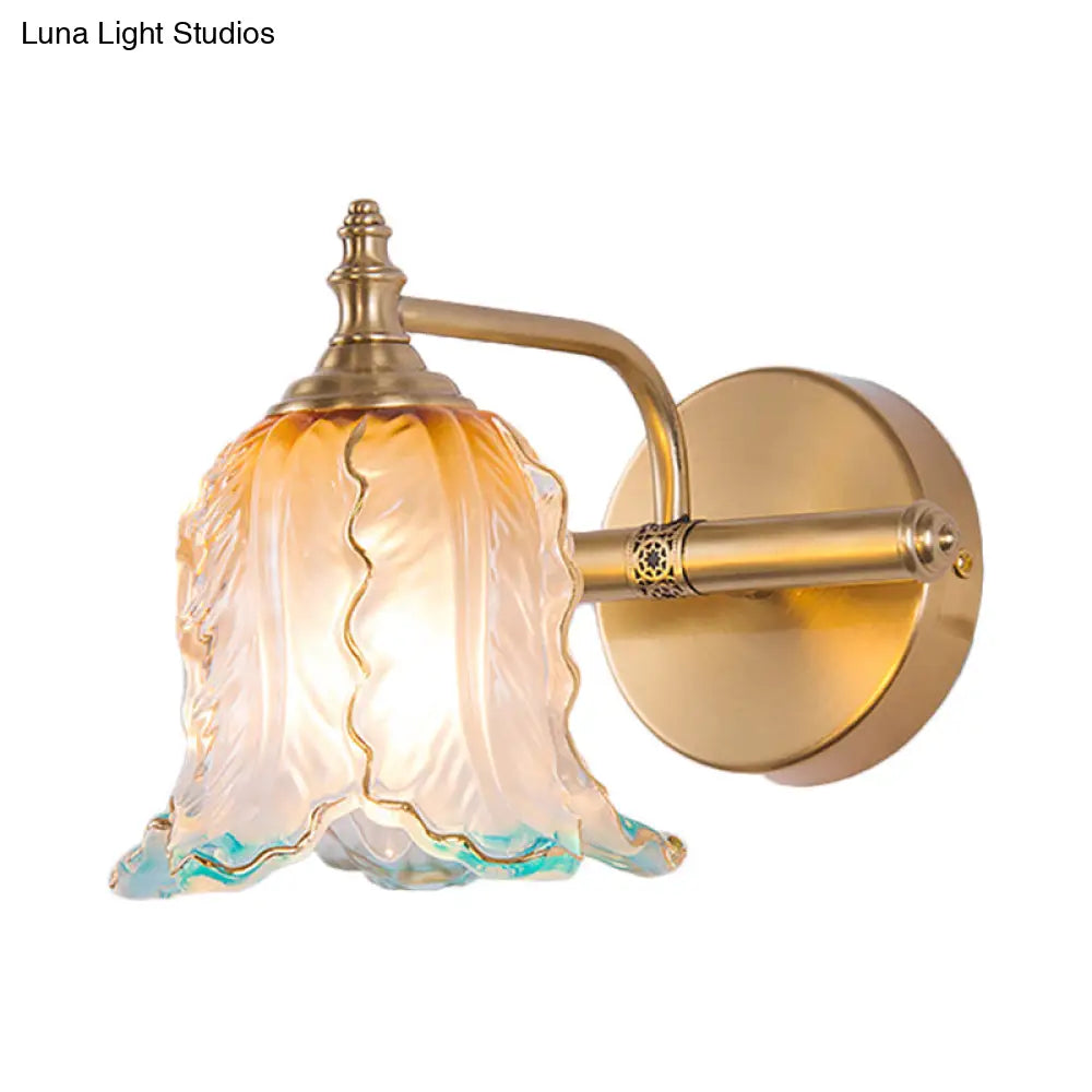 Vintage Gold Wall Light Fixture With Scalloped Textured Glass - Perfect For Bedroom Make-Up Lighting