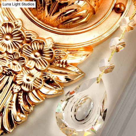 Vintage Gold Wall Light With Frosted Glass Ruffle Flower And Crystal Accent