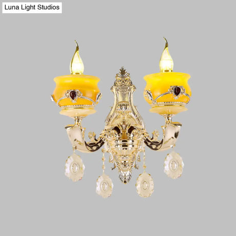 Vintage Gold Wall Sconce With Crystal Drop - Candlestick Jade Lamp For Bedroom
