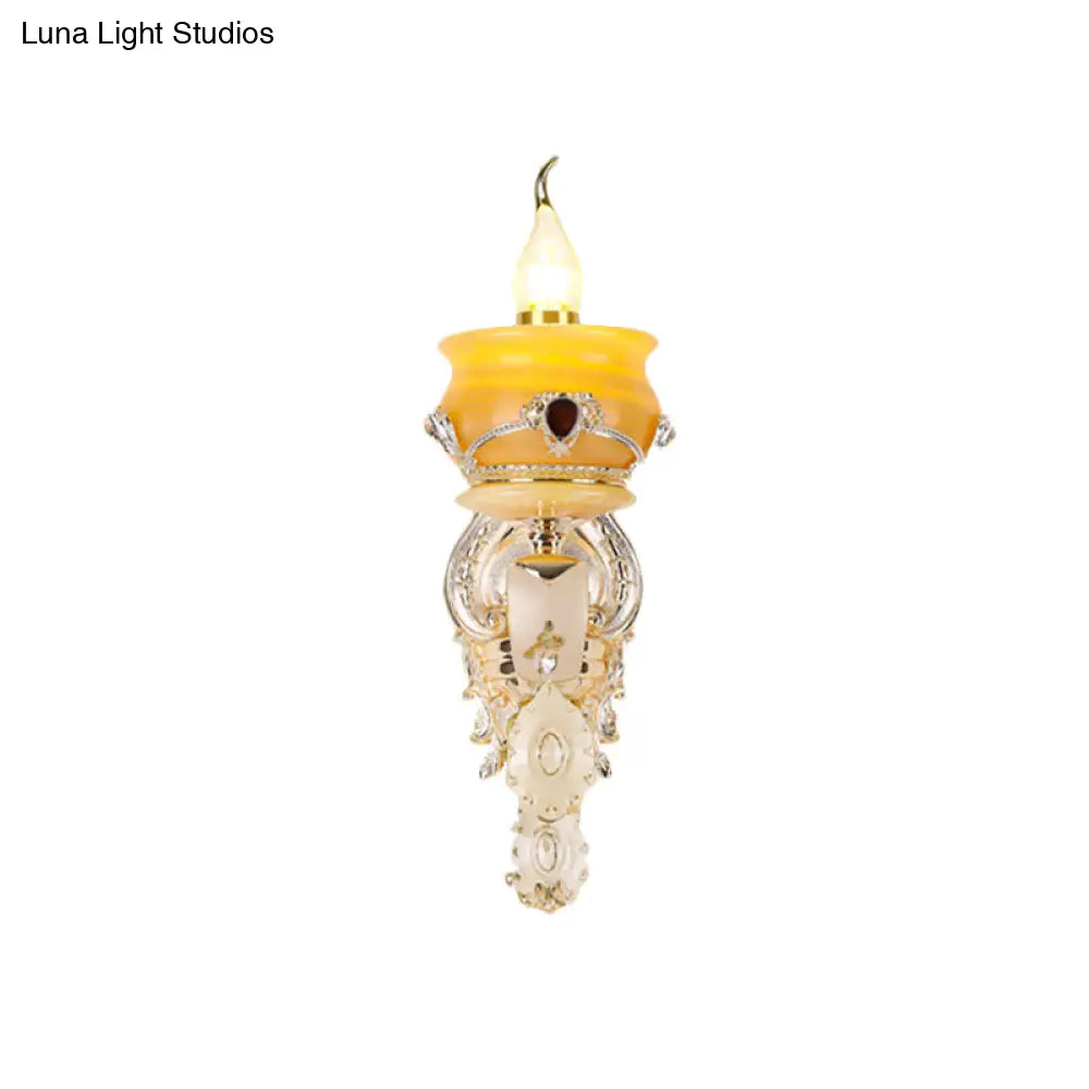 Vintage Gold Wall Sconce With Crystal Drop - Candlestick Jade Lamp For Bedroom