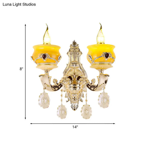 Vintage Gold Wall Sconce With Crystal Drop - Candlestick Jade Lamp For Bedroom