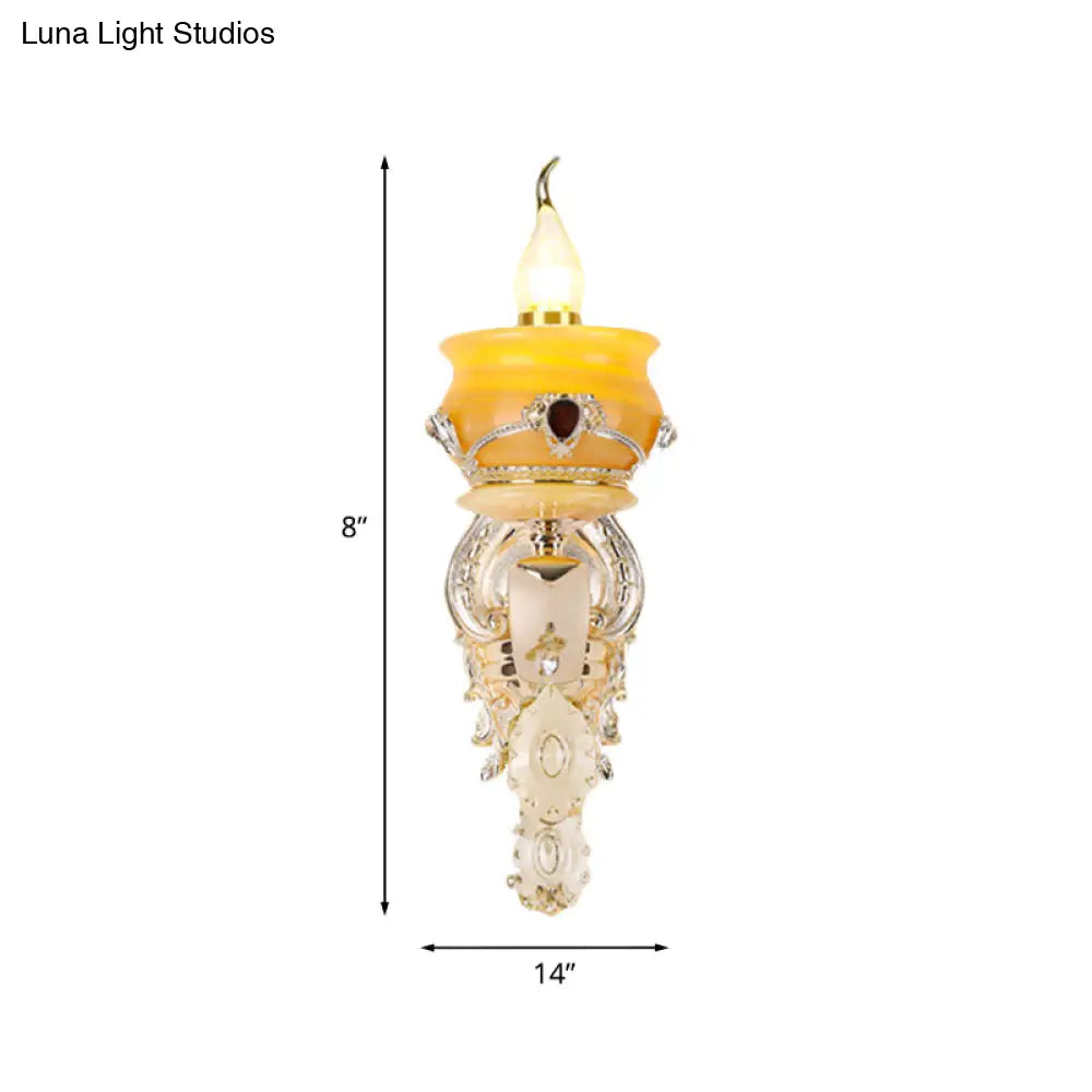 Vintage Gold Wall Sconce With Crystal Drop - Candlestick Jade Lamp For Bedroom
