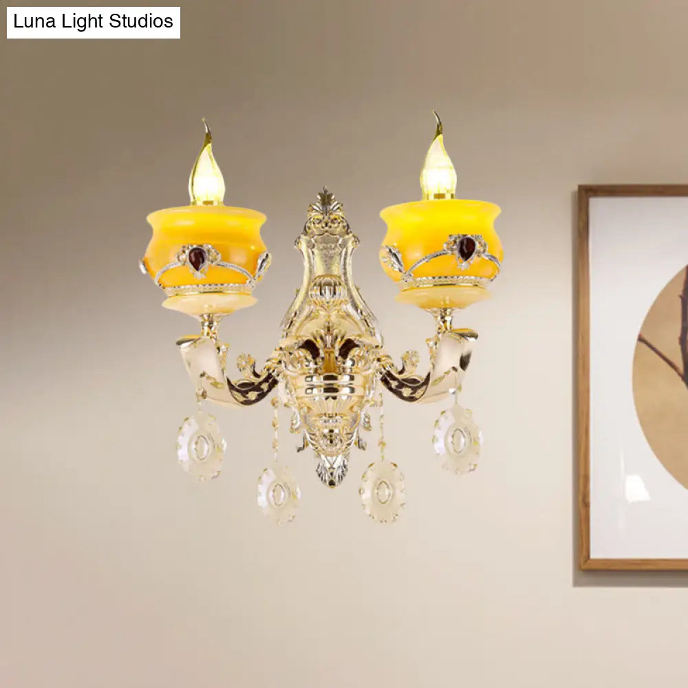 Vintage Gold Wall Sconce With Crystal Drop - Candlestick Jade Lamp For Bedroom