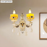 Vintage Gold Wall Sconce With Crystal Drop - Candlestick Jade Lamp For Bedroom