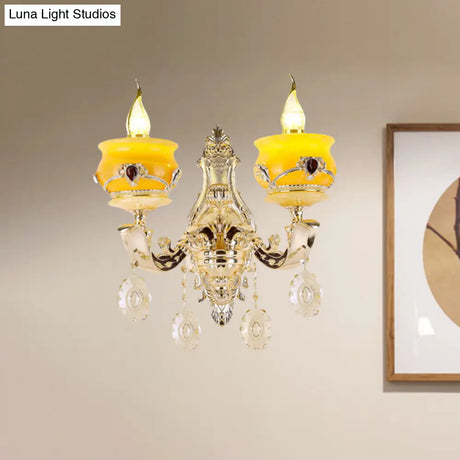 Vintage Gold Wall Sconce With Crystal Drop - Candlestick Jade Lamp For Bedroom