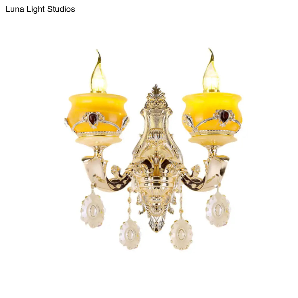 Vintage Gold Wall Sconce With Crystal Drop - Candlestick Jade Lamp For Bedroom
