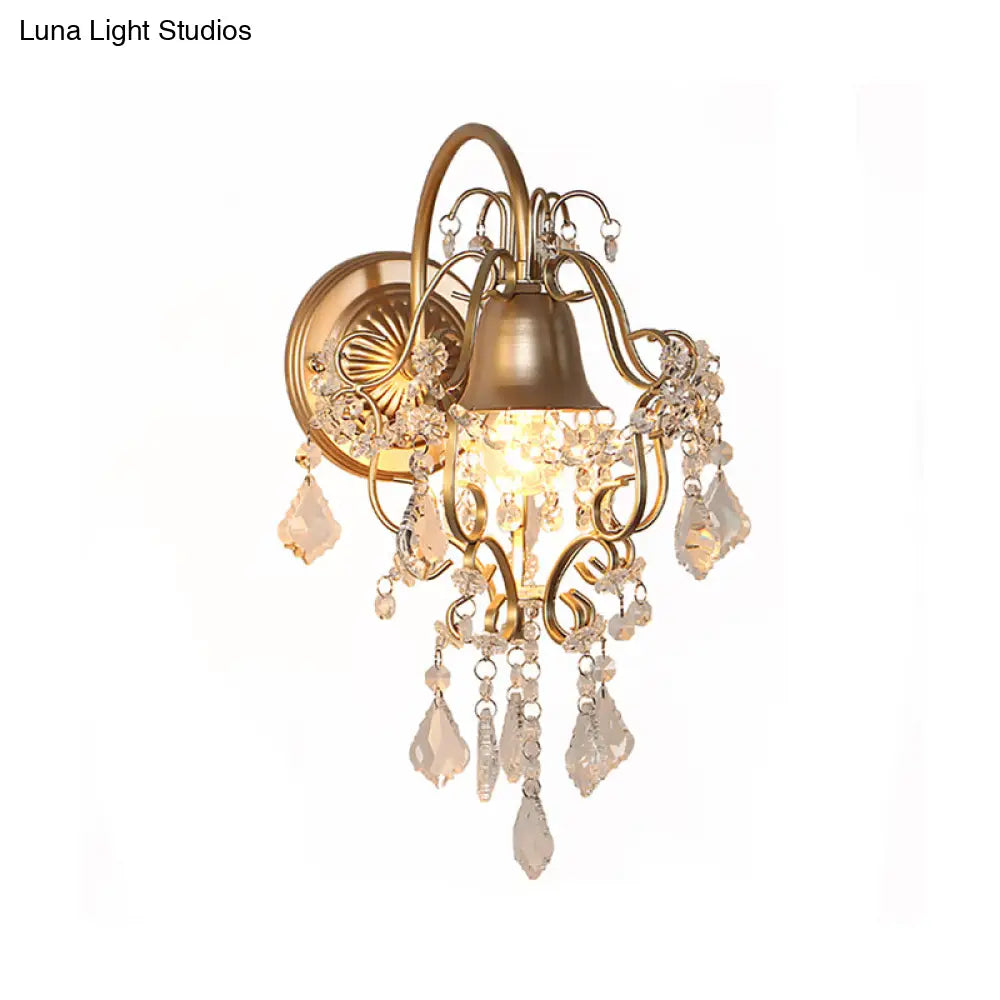 Vintage Golden Bell Wall Sconce With Clear Crystal Draping - 1 Light Fixture