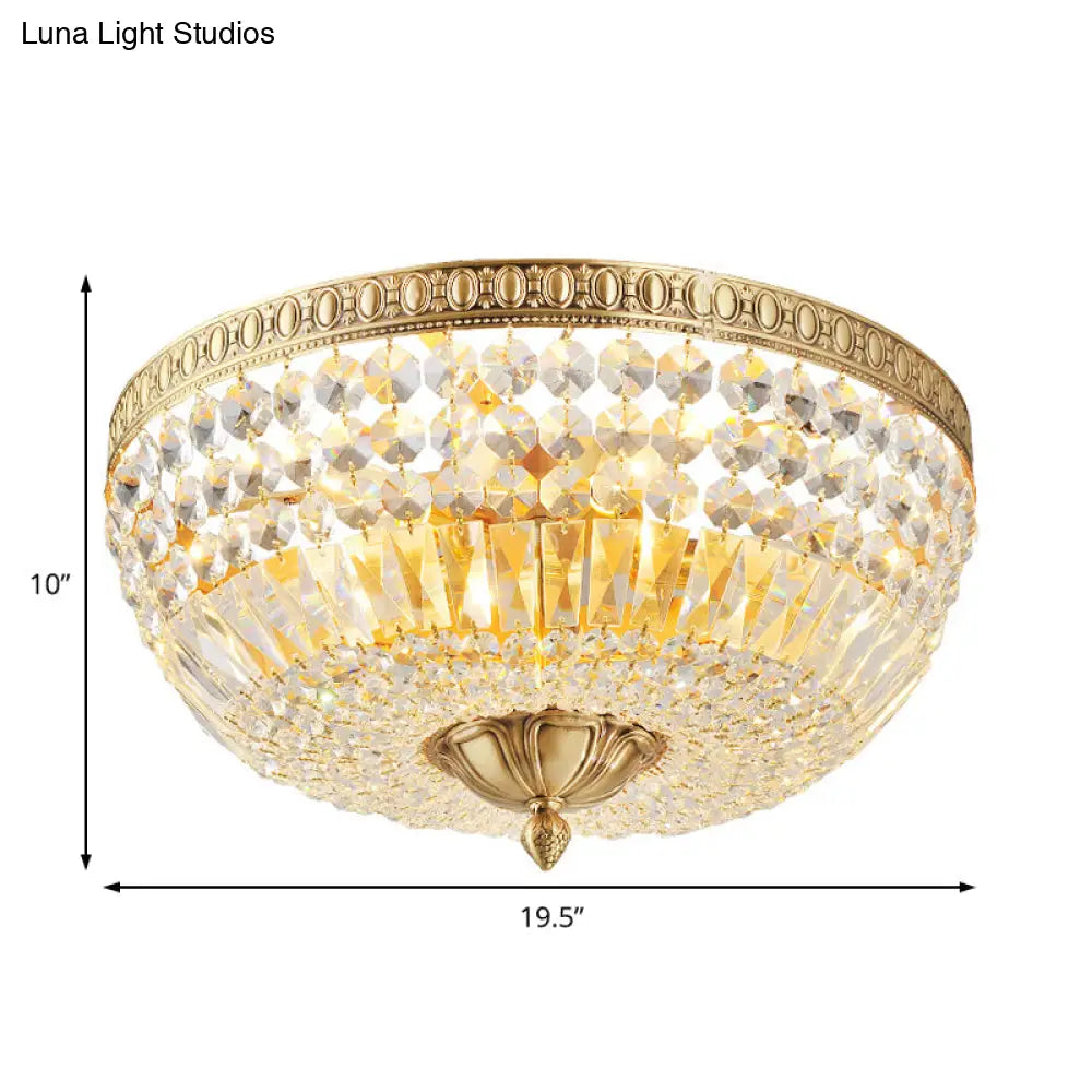 Vintage Golden Bowl Metal Ceiling Light With Clear Crystal Deco - 3 Lights Flush Mount